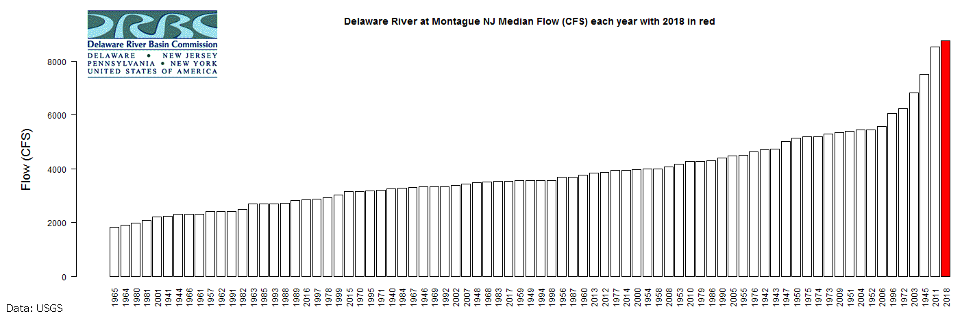 Bar chart of median flows on the Delaware River at Montague, N.J..