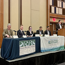 From L: DNREC Secretary Shawn Garvin, NJDEP Commissioner Shawn LaTourette, DRBC Dep. Dir. Kristen Kavanagh, NYCDEP Commissioner Rit Argawalla, EPA Region 3 Administrator Adam Ortiz and DRBC Ex. Dir. Steve Tambini. Photo by the DRBC.