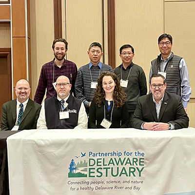 DRBC staff presents on Delaware River Estuary water quality at the PDE Science Summit. From L to R (top): Jake Bransky, Fanghui Chen, Li Zheng and Namsoo Suk. From L to R (bottom): John Yagecic, Tom Amidon, Sarah Beganskas and Steve Tambini. Photo by the DRBC.