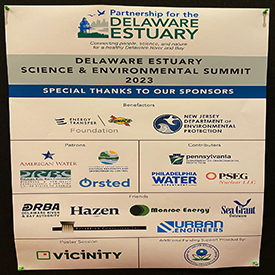 A photo of the sponsors' list for the Delaware Estuary Science and Environmental Summit. Photo by the DRBC.
