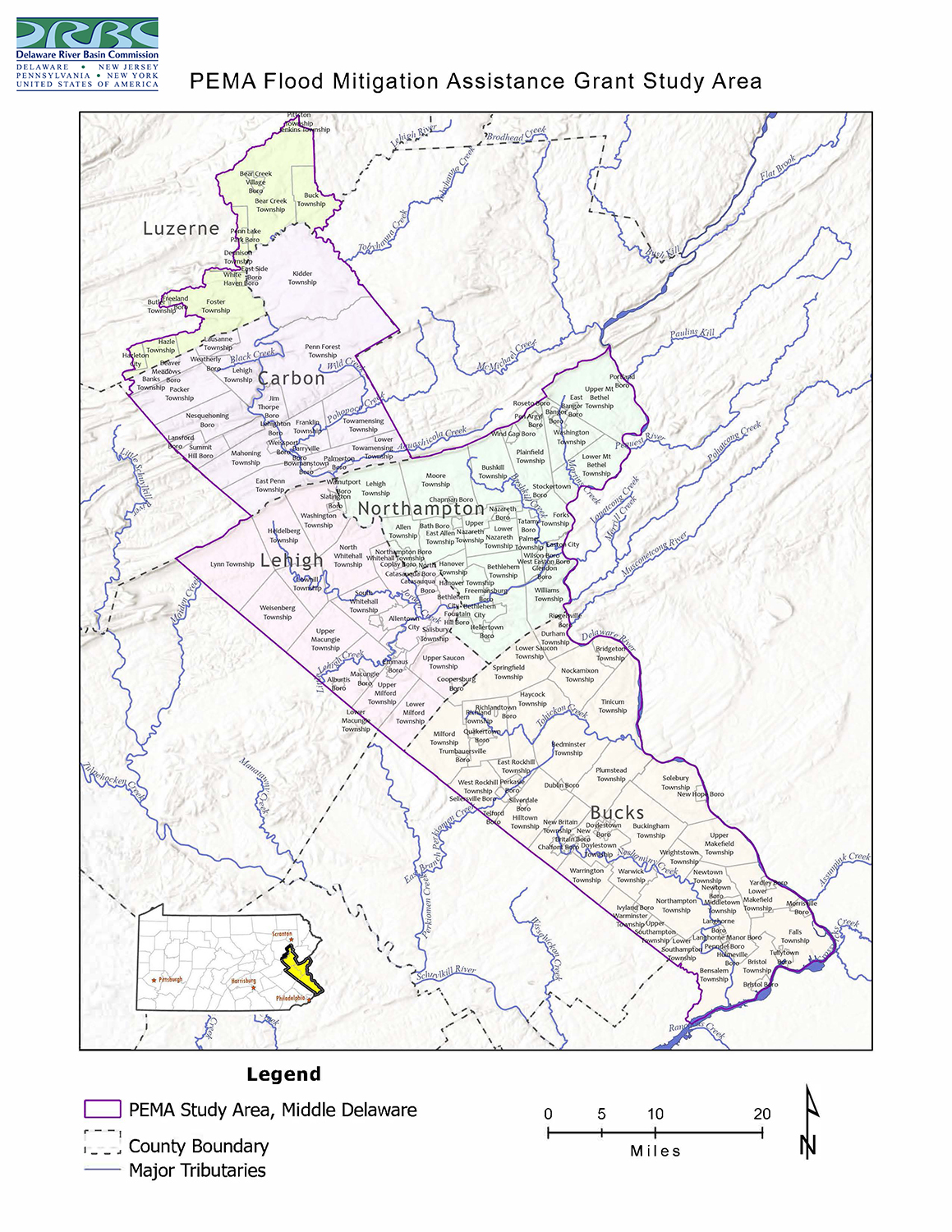 Map of the PEMA Middle Delaware Study Area. Map by the DRBC.