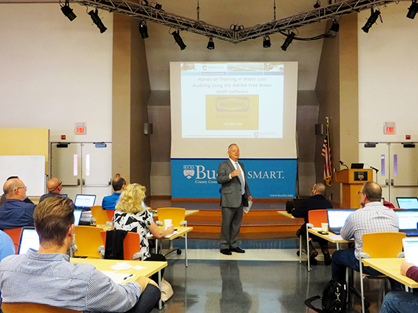 Pa. Representative Perry Warren provides welcoming remarks at the DRBC/PADEP Water Loss Management Training at Bucks Co. Community College, Newtown, Pa. Photo by DRBC.