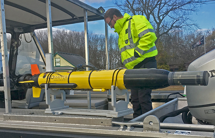 The USGS' Ecomapper, an underwater autonomous vehicle, was brought to the Delaware River to collect imagery, bathymetry, and basic water-quality parameters. Photo by DRBC. 