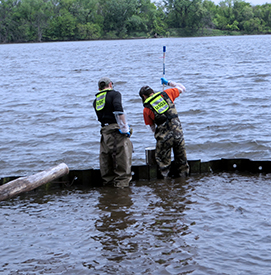 USGS Hydrographers  LucasSirotniak and Jacob Gray prep for re-deployment. Photo by the DRBC.