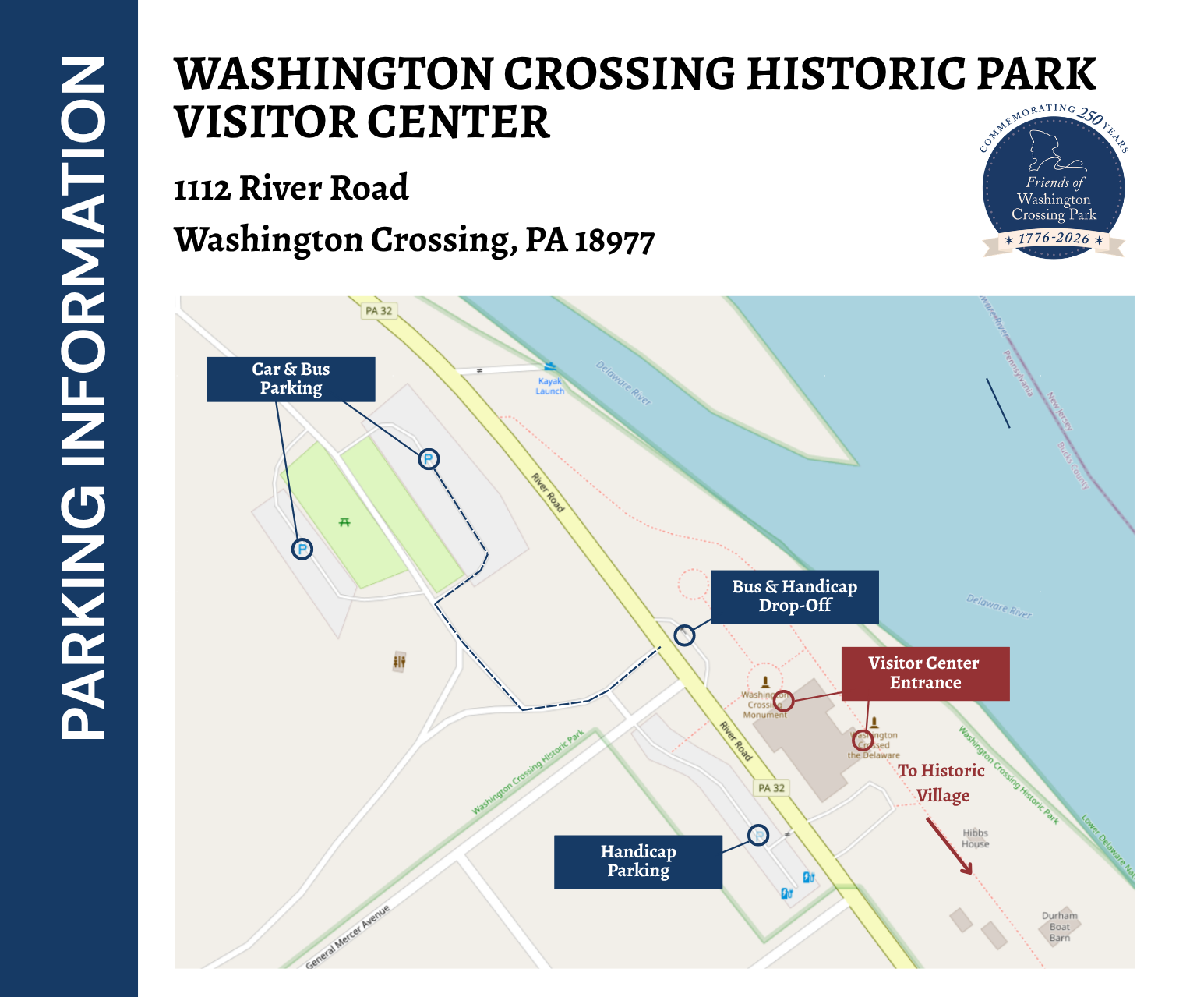 Parking Map for Washington Crossing Historic Park.