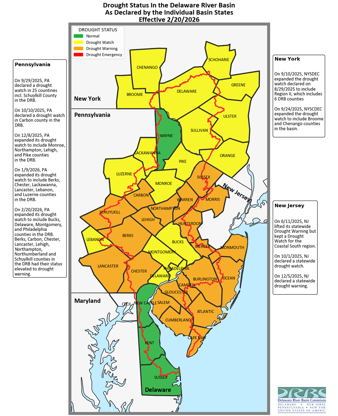 Map of the Delaware River Basin showing State-declared Drought Status. Map by the DRBC.