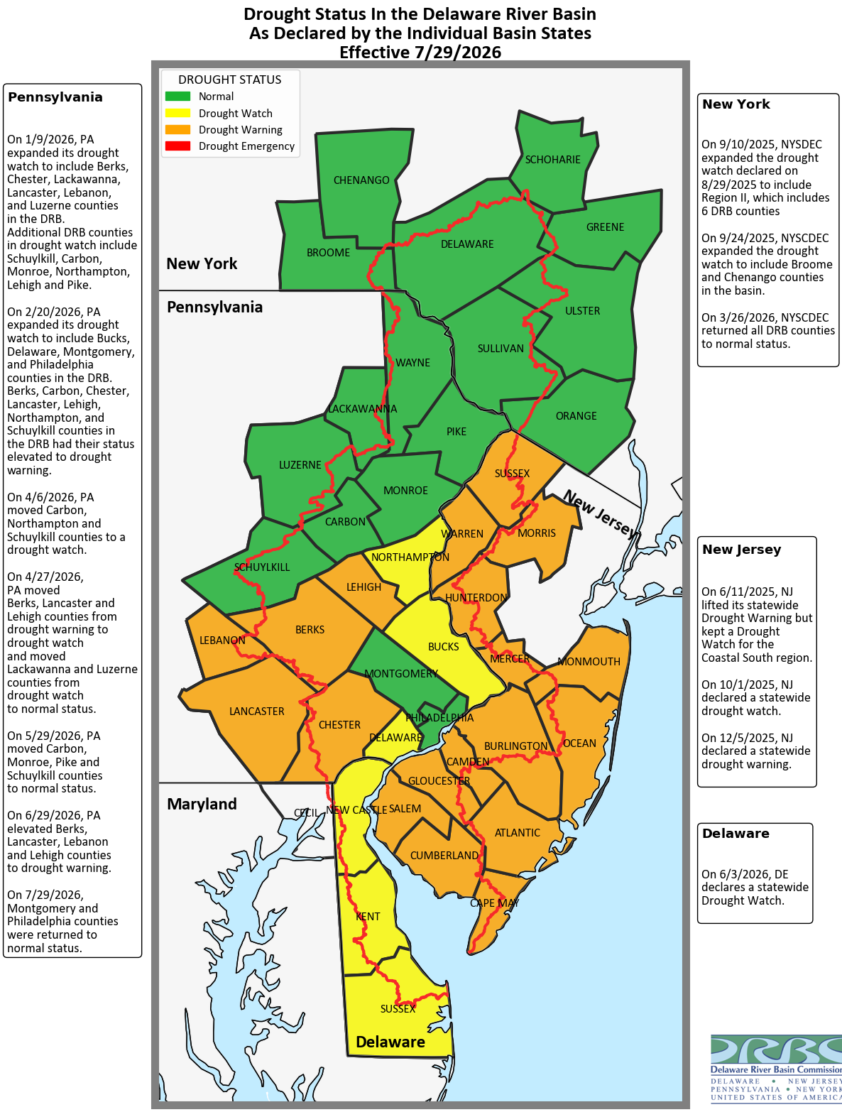 Map of the Delaware River Basin showing State-declared Drought Status. Map by the DRBC.