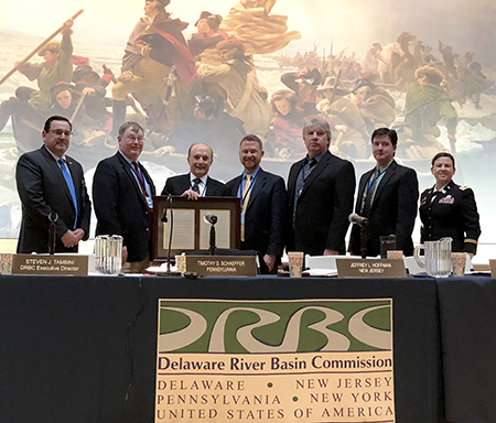 From L to R: DRBC Exec. Director Steve Tambini, Jeff Hoffman (representing N.J.), DRBC's Dr. Tom Fikslin, Tim Schaeffer (rep. Pa.), Ken Kosinski (rep. N.Y.), Bryan Ashby (rep. Del.), and LTC Kristen Dahle (rep. the federal gov't). Photo by DRBC.