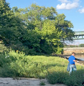 DRBC Associate Counsel Kevin Pregent works along the river's shoreline. Photo by the DRBC.