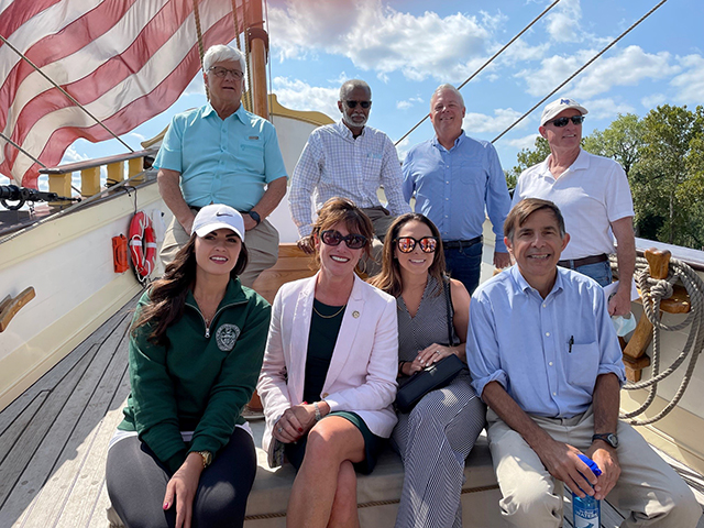 PA legislators pose for a photo aboard the Kalmar Nyckel. Top, L to R: PA Sen. Tomlinson, PA Sen. Haywood, PA Rep. Warren and PA Rep. Webster. Bottom L to R: PA Rep. Tomlinson, PA Rep. Isaacson, PA Rep. Schroeder and PA Rep. Vitali. Photo by DRBC.