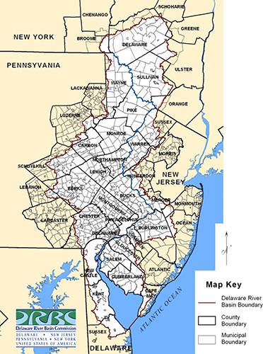 Map of county & municipal boundaries in the Delaware River Basin. Graphic by DRBC.
