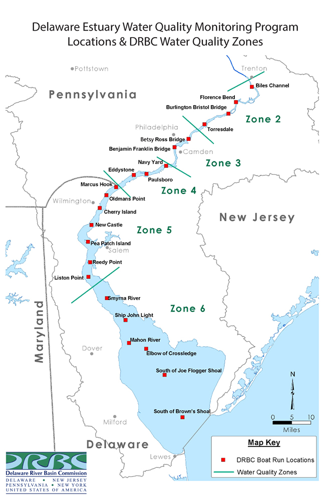 Map of the Monitoring Sites for the Delaware Estuary Boat Run.