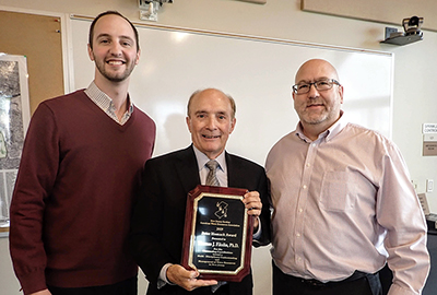 (From L to R) NJ-AWRA Secretary & Awards Committee Chair Phil Huntoon, Award Recipient Dr. Thomas Fikslin (retired DRBC) and DRBC Manager of Water Resource Modeling Thomas Amidon pose for photos after Dr. Fikslin was honored with the Peter Homack Award. Photo by DRBC.