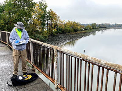 DRBC staff monitor nutrient levels in the Darby Creek, a Delaware Estuary tributary. Photo by DRBC.