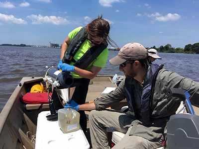 DRBC staff collect water samples to monitor primary productivity. Photo by DRBC.