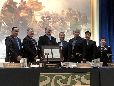 From L to R: DRBC Exec. Director Steve Tambini, Jeff Hoffman (representing N.J.), DRBC's Clarke Rupert, Tim Schaeffer (rep. Pa.), Ken Kosinski (rep. N.Y.), Bryan Ashby (rep. Del.), and LTC Kristen Dahle (rep. the federal gov't). Photo by DRBC.