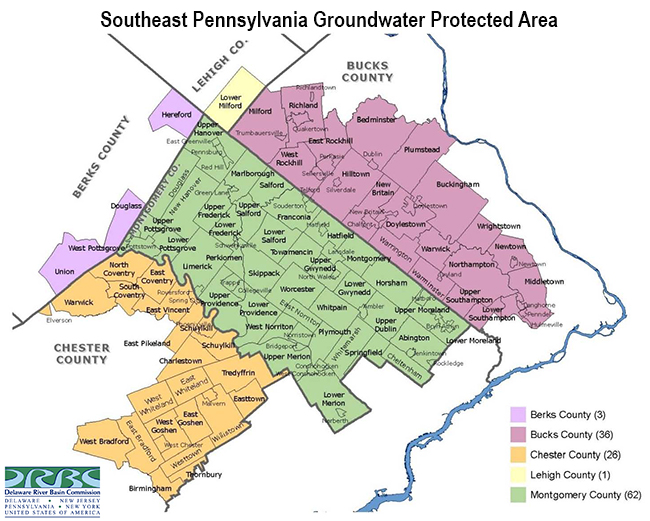 Map showing the counties and municipalities within the Southeast PA Groundwater Protected Area. 