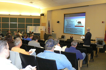 George Kunkel, P.E. (Assistant Chief, Water Conveyance Section, Philadelphia Water Department) presents information to water system operators on the use of the AWWA free water audit software at the 4-13-11 workshop (photo: P. V'Combe). 