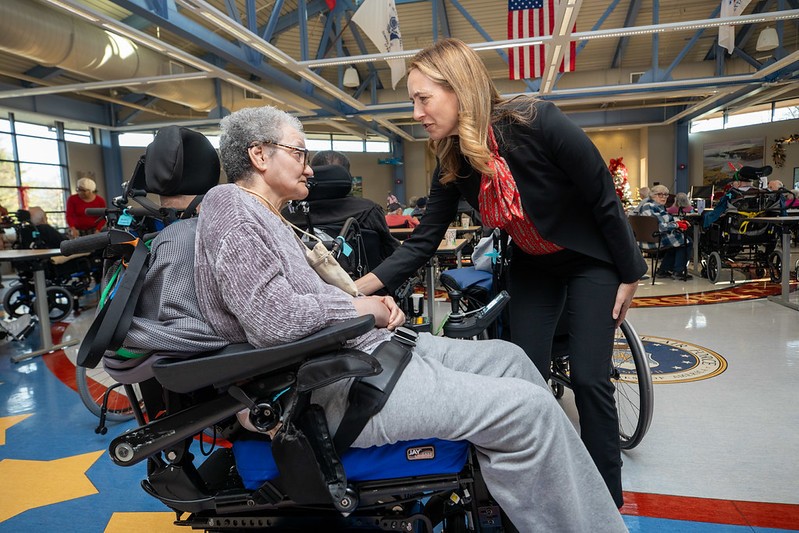 Governor Mikie Sherrill connecting with Air Force Veteran Roxanne Stallworth-McDonald, a Paramus Veterans Home resident at the Paramus December 2025 Holiday Party.