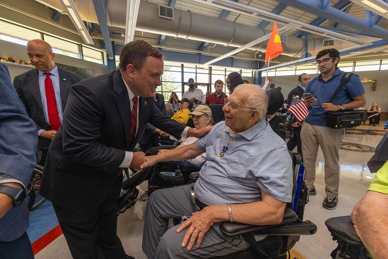 Commissioner Solomeno with a State Medal recipient at the Paramus Veterans Home.