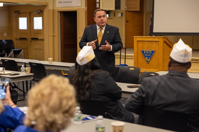 Commissioner Vincent Solomeno speaking to Veteran Service Organization leaders at the National Guard Training Center in Sea Girt.