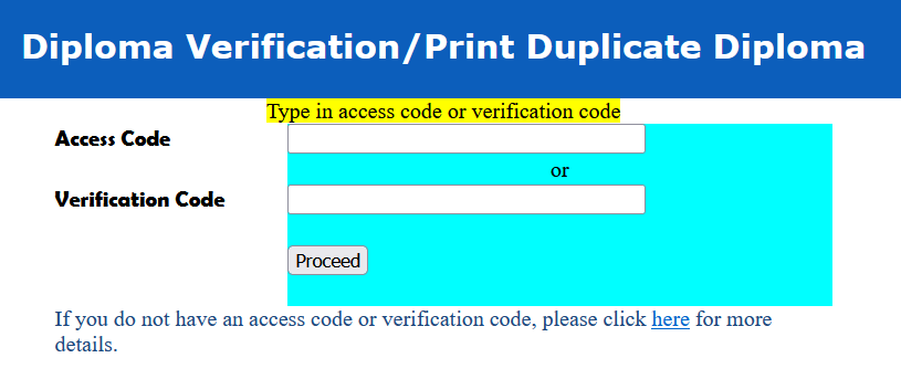 Screenshot: Diploma verification login with fields for access code and verification code