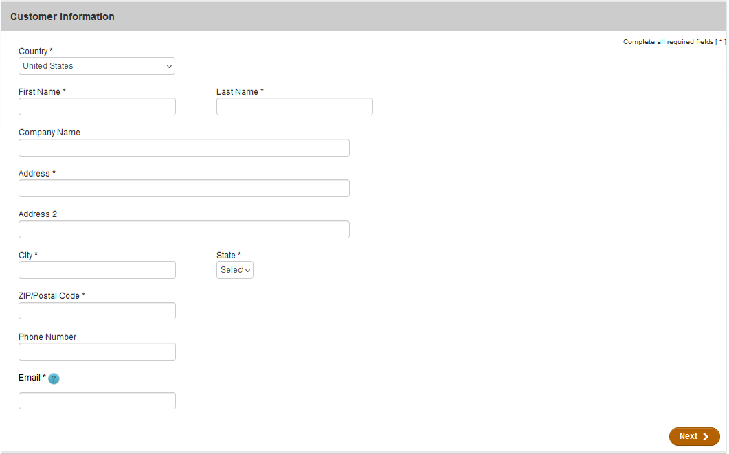 Screenshot: Customer information fields (all fields are required except for company name and phone number)