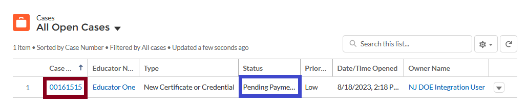 Screenshot: All Open cases shown. Case 00161515 has the status "Pending Payment."