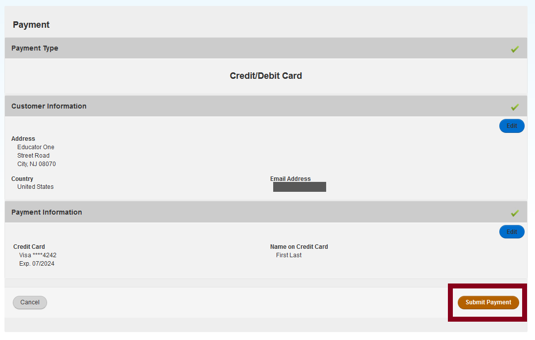 Screenshot: Customer information and payment information shown. Submit payment button.