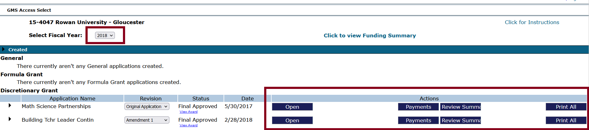 screenshot: Applications for fiscal year 2018 for Rowan University. Table for discretionary grants is 6 columns: unlabeled column, application name, revision (with drop-down menus in cells), status, date, and actions (with the buttons for: open, payments, review summary, and print all.