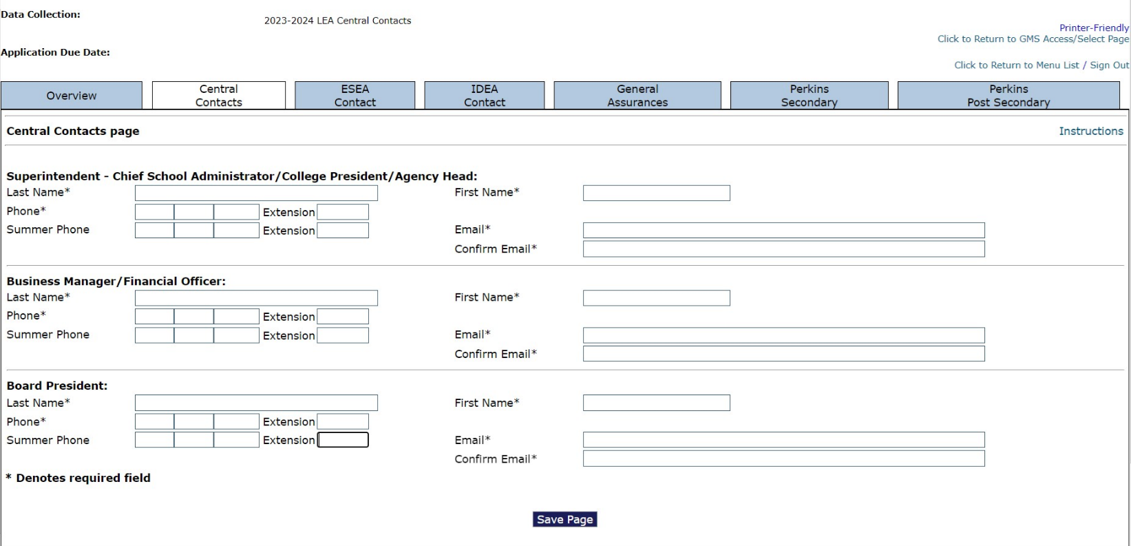 Screenshot: fields for updating central contacts. All text on screen is included in instructions immediately following the image.