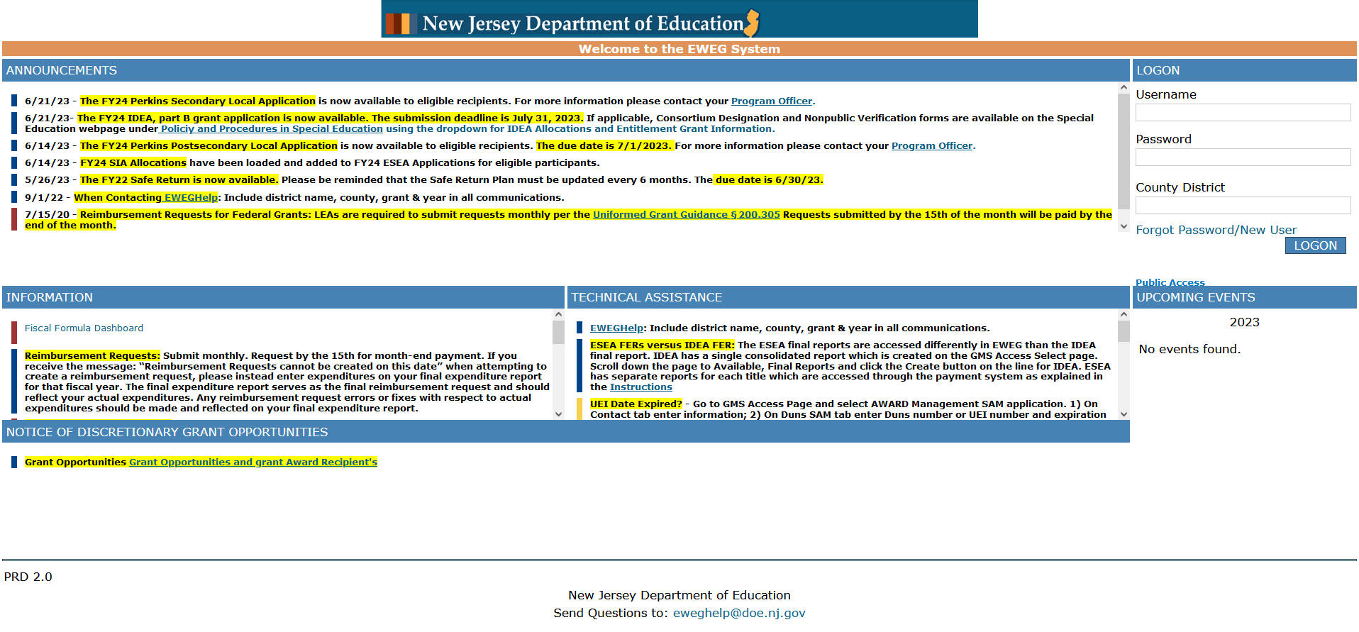 Screenshot: EWEG homepage. Sections for announcements, logon, information, technical assistance, upcoming events, and notice of discretionary grant opportunities.