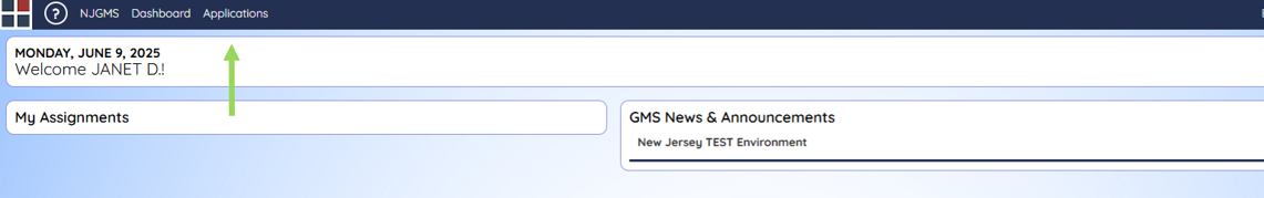 NJGM user homepage. Tabs shown are: NJGMS, Dashboard, and Applications.