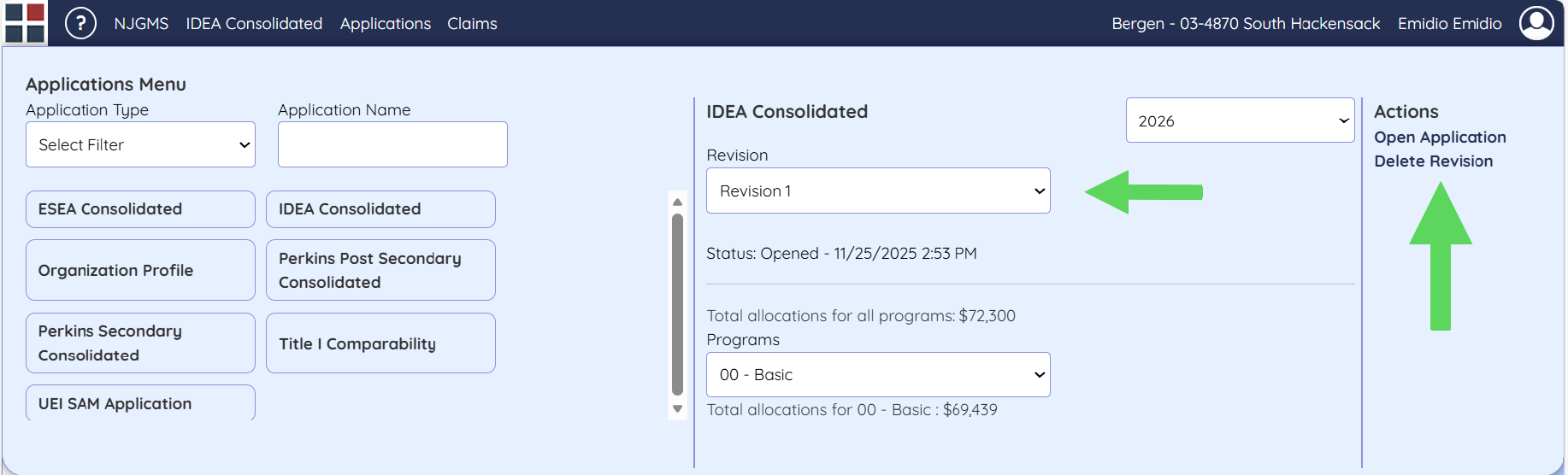 Screenshot: Applications screen for IDEA consolidated. Revision 1 is selected in the Revision drop down.
