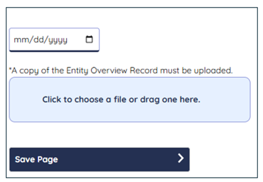 Screenshot: date field, upload a copy of entity overview record area, and save button.