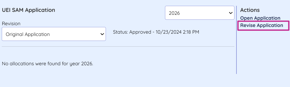 Screenshot: Selections show 2026 for year and Original Application for Revision. Actions available are: Open Application and Revise Application.