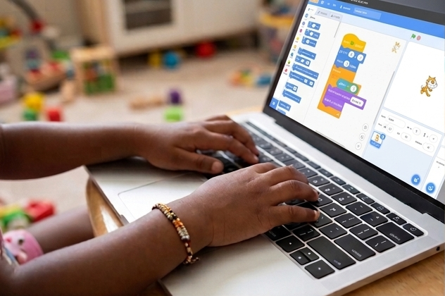 Someone block coding on a laptop