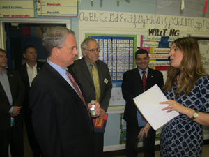Acting-Commissioner-Cerf-talks-with-third-grade-teacher-Allison-O'Brien-during-his-visit-to-Harrington-Park