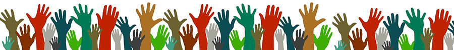 Multiple and colorful hands reaching in the air
