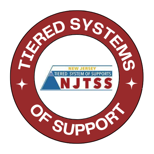 The part of the logo that highlights New Jersey Tiered Systems of Support which includes the a red circle and the tiered system triangle and logo in the middle. 