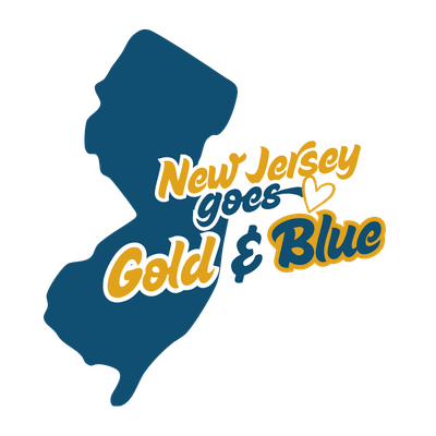 State of New Jersey blue silhouette with New Jersey goes Gold and Blue in gold and blue lettering and a gold heart after the word goes