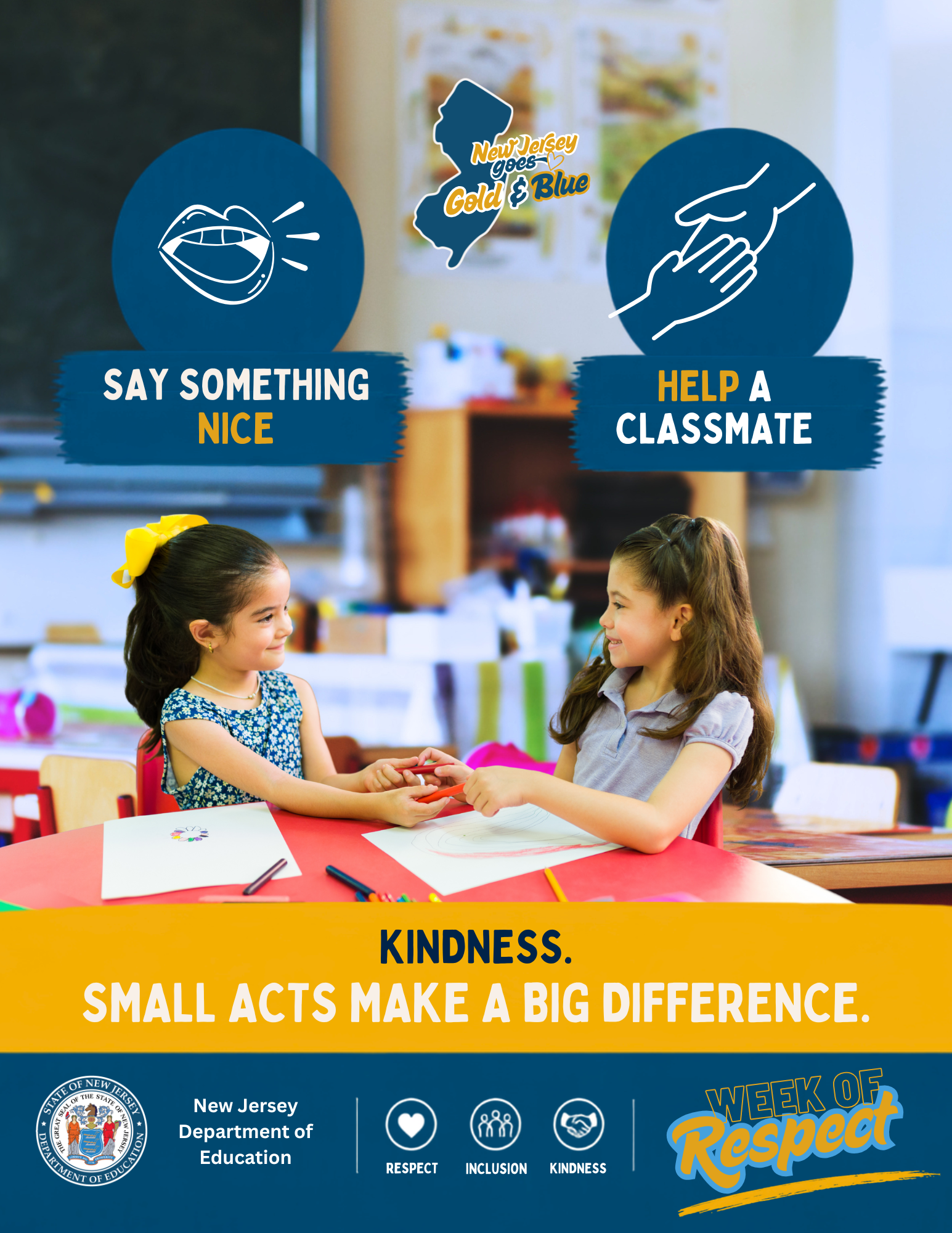 Poster showing two elementary school students seated at a classroom table sharing art supplies. Text encourages students to &ldquo;Say Something Nice&rdquo; and &ldquo;Help a Classmate,&rdquo; with the message &ldquo;Kindness. Small acts make a big difference.&rdquo; Includes New Jersey Week of Respect branding and icons representing respect, inclusion, and kindness.
