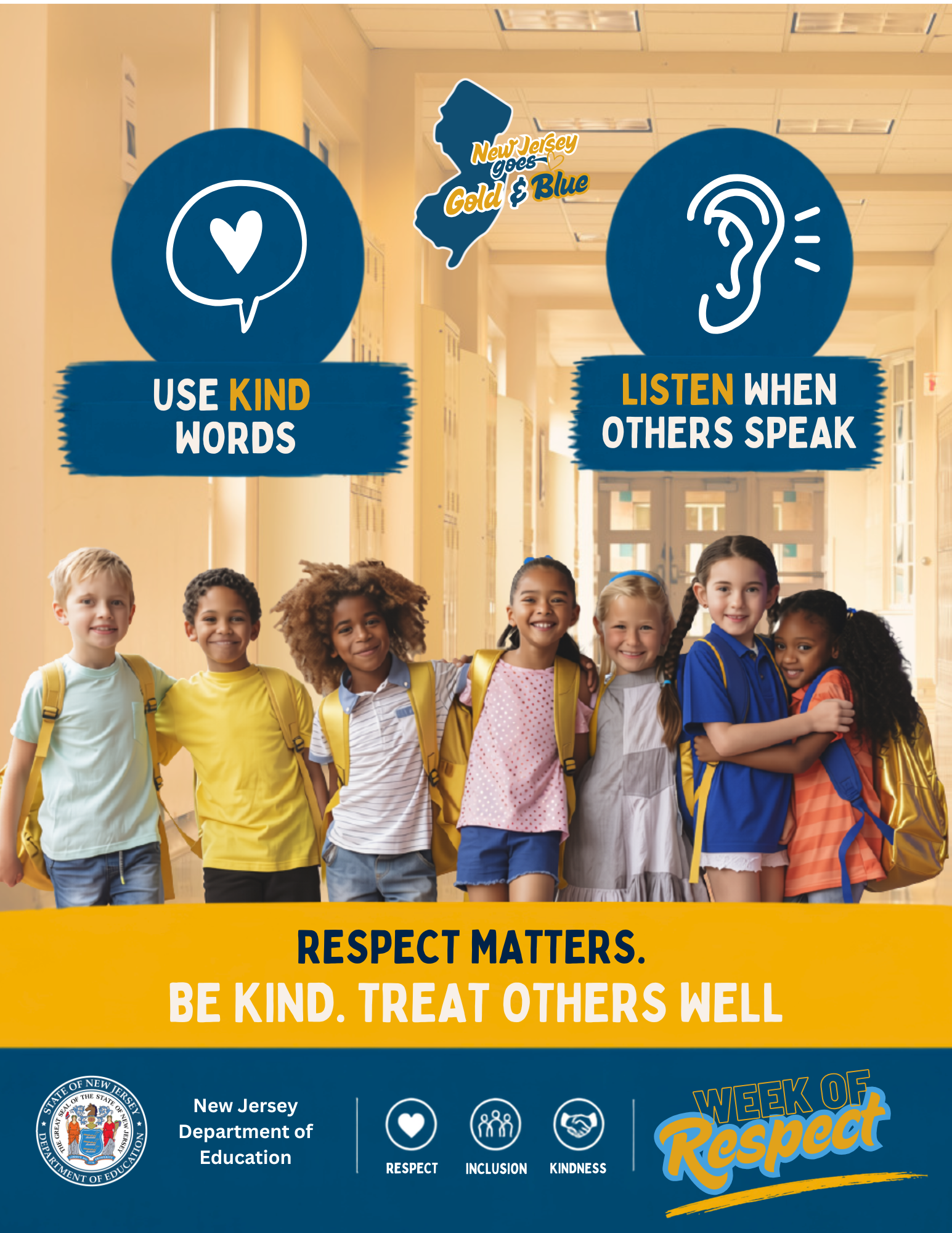 Poster featuring a group of elementary school students standing together in a school hallway. Text encourages students to &ldquo;Use Kind Words&rdquo; and &ldquo;Listen When Others Speak,&rdquo; with the message &ldquo;Respect Matters. Be kind. Treat others well.&rdquo; Includes New Jersey Week of Respect branding and icons promoting respect, inclusion, and kindness