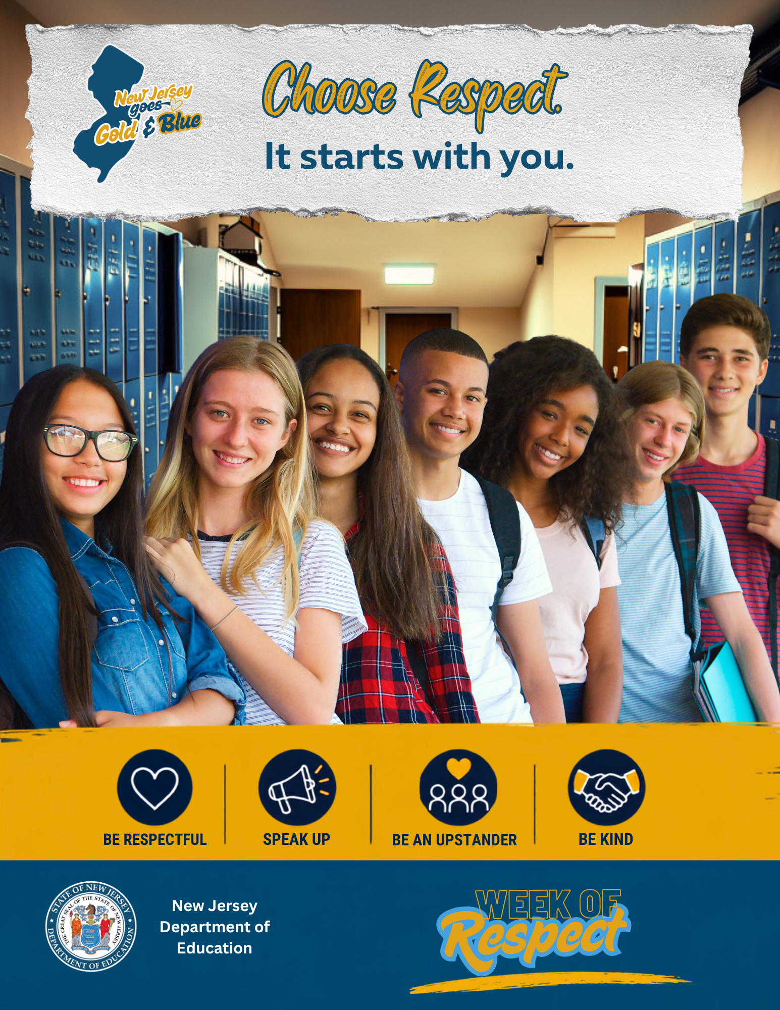 Poster featuring a group of students standing in a school hallway lined with blue lockers. Text reads &ldquo;Choose Respect. It starts with you.&rdquo; with New Jersey Week of Respect branding and icons promoting being respectful, speaking up, being an upstander, and being kind.