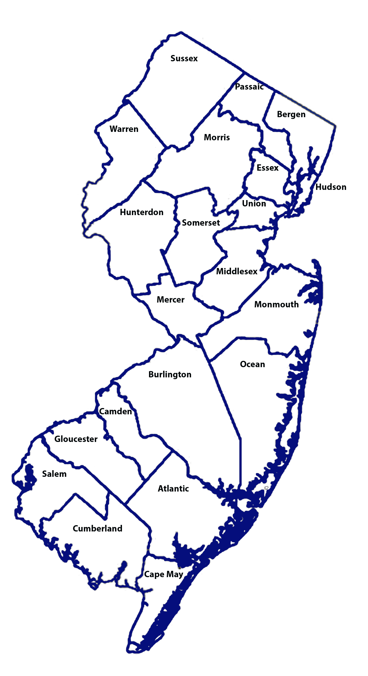 map of New Jersey with 21 counties labeled
