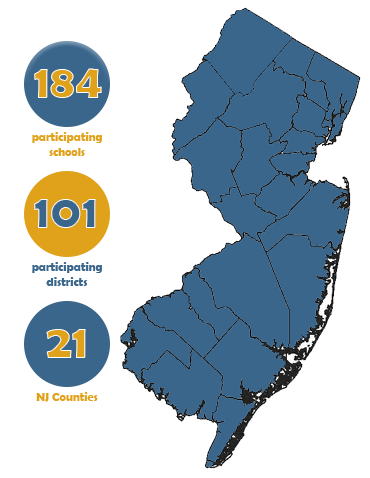 map of New Jersey with 17 of the 21 counties colored blue to represent the counties participating with three circles representing 56 schools, 45 districts and 17 counties