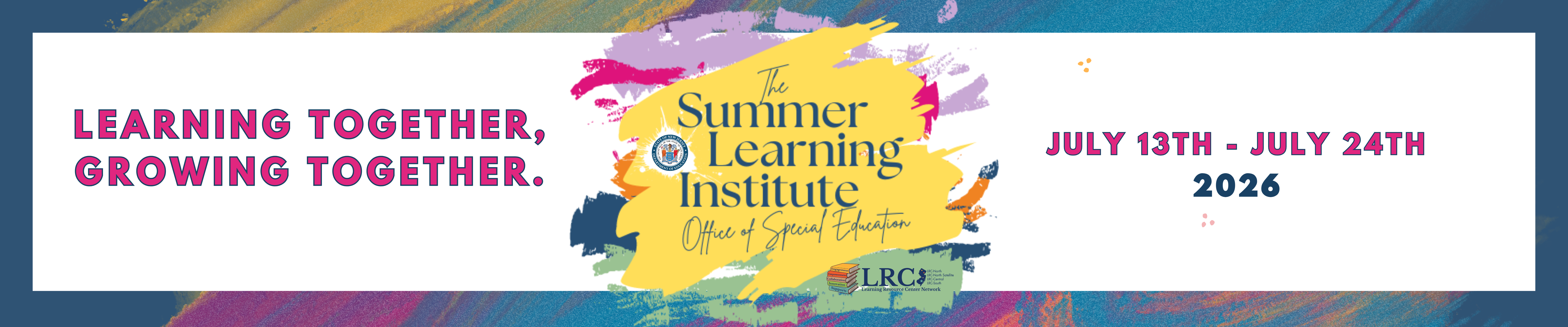 summer institute banner with border inviting guests to join us for training june through august of 2023 with the logo for the summer institute in the middle