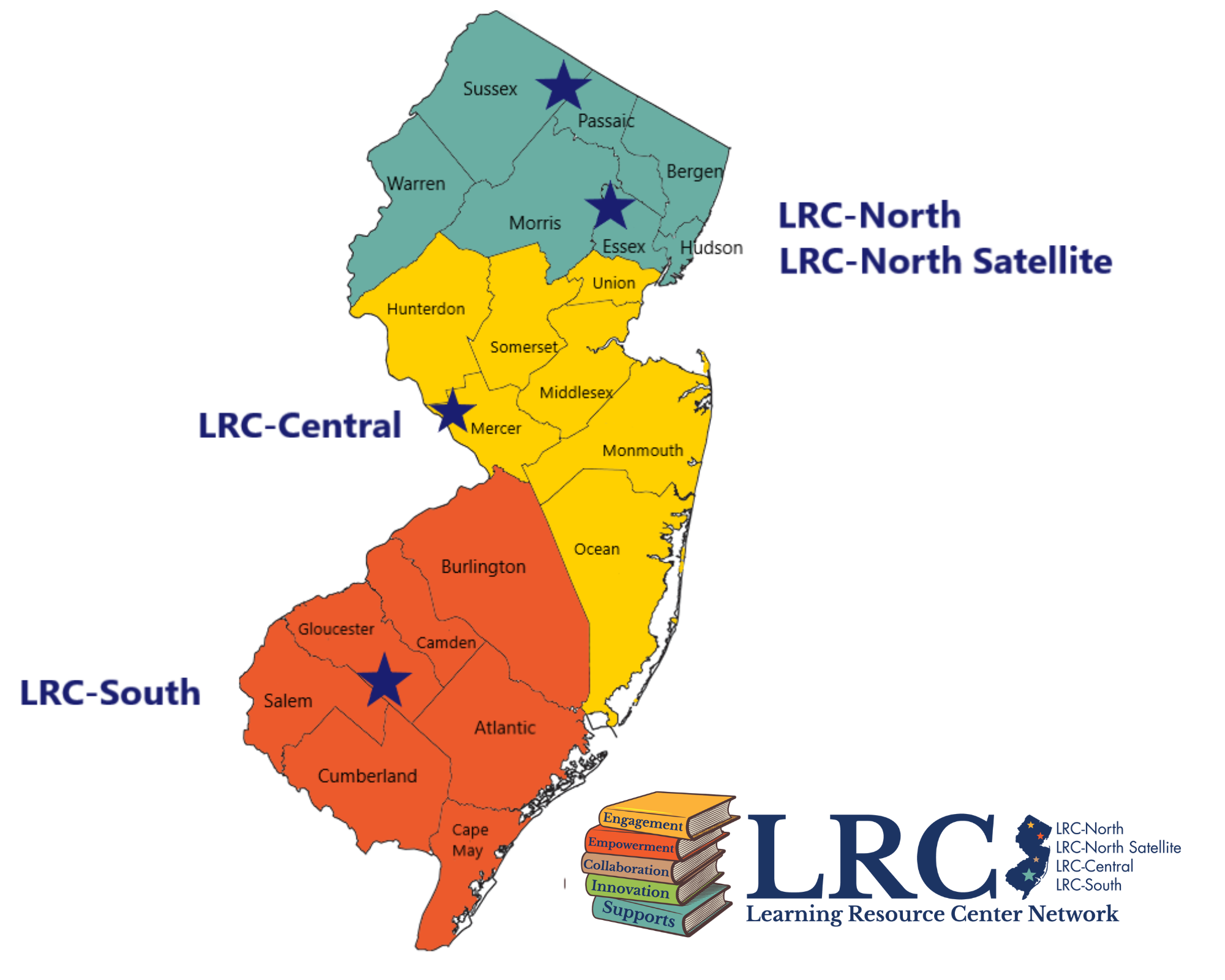 image of NJ and the locations of the LRC maps color coded to the regions of the state as indicated by the navy stars