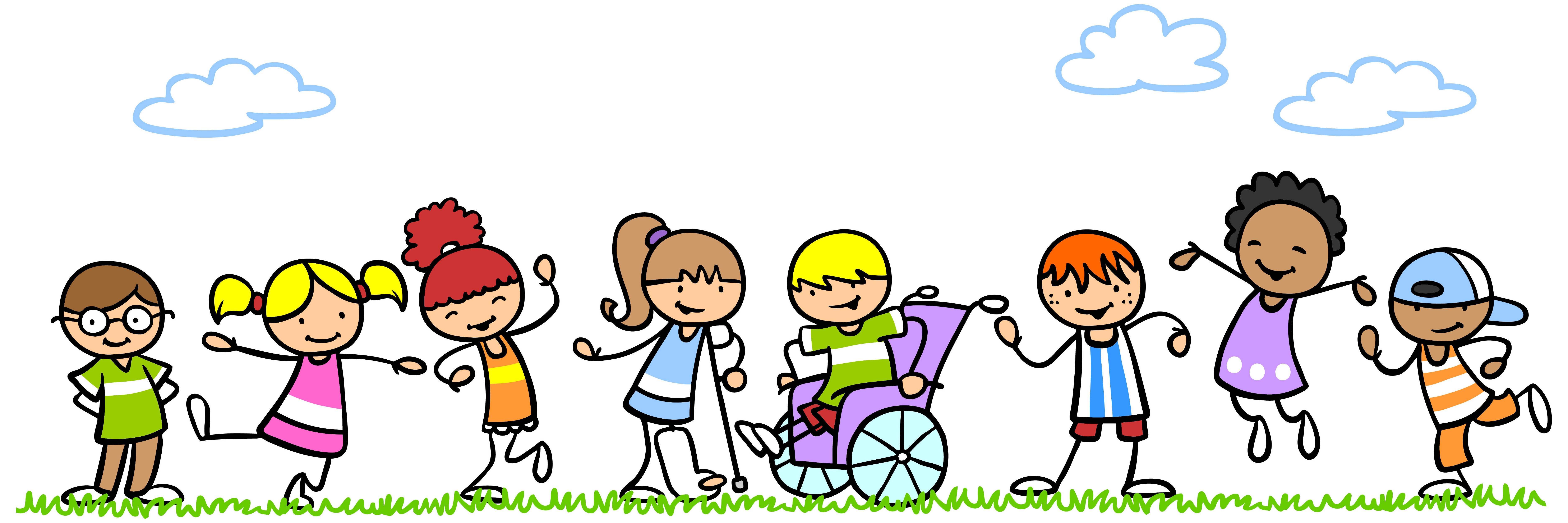 a line of preschool cartoon students having fun outside. The students are different shapes, sizes, color, and disabilities