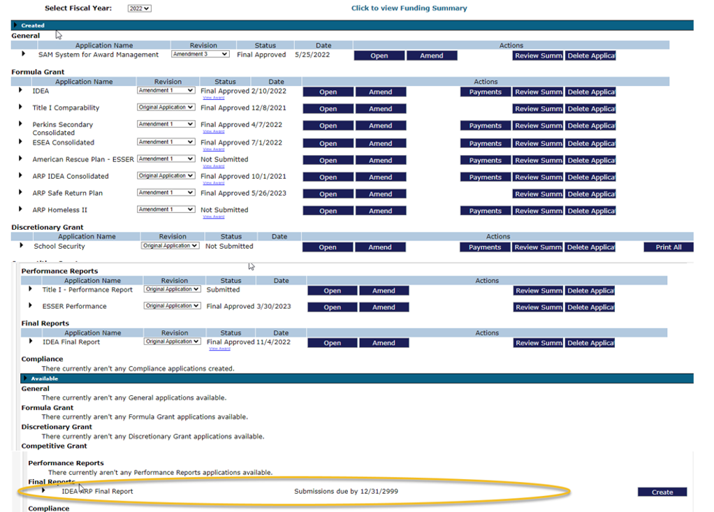 Screenshot: Select Fiscal Year drop down highlighted. Create button for IDEA ARP final report (under "final reports")